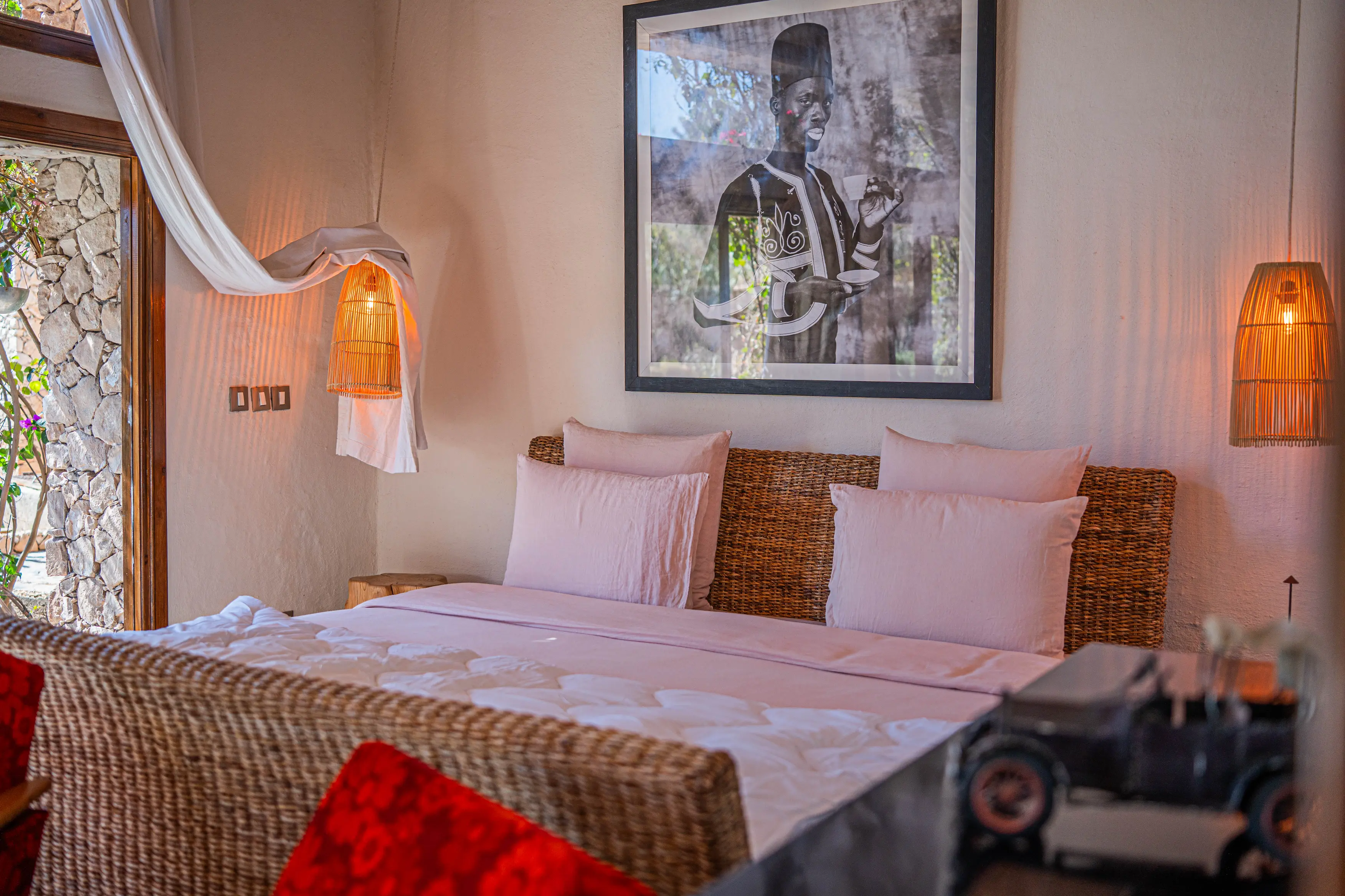 Couples retreat room featuring traditional Moroccan architecture and desert views